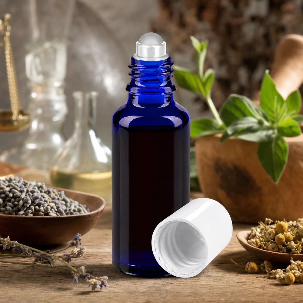 Butelka apteczna niebieska 30ml nakrętka roll-on biała Niebieska buteleczka typu roll-on o pojemności 30 ml, model STD, wykonana ze szkła aptecznego, z białą nakrętką, wśród ziół i lawendy