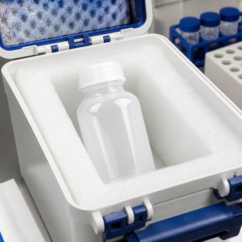 Butelka laboratoryjna 100 ml z szeroką szyjką i zakrętką Butelka laboratoryjna o pojemności 100 ml z szeroką szyjką i zakrętką, umieszczona w wyściółce z pianki w walizce transportowej