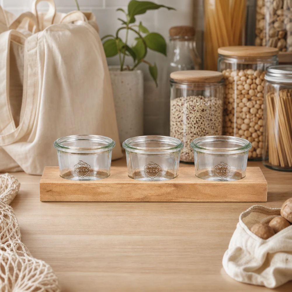 Deska do serwowania Plano3 z 3 słoikami Weck o pojemności 80 ml Zrównoważona deska do serwowania Plano3 z 3 pustymi kubkami Weck 80 ml w kuchni zero waste ze słoikami do przechowywania