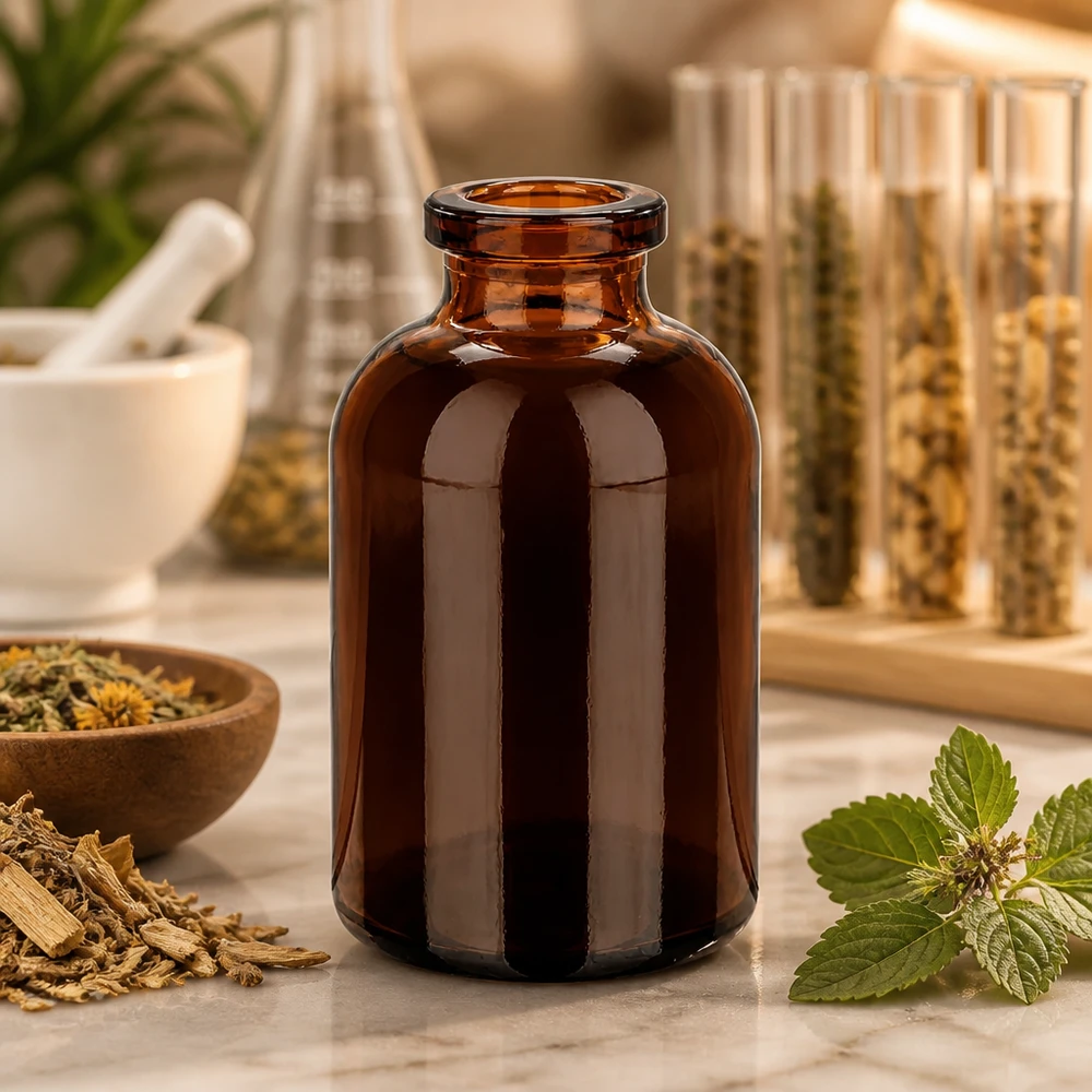 Butelka iniekcyjna z bursztynowego szkła 30 ml Injektionsflasche Braunglas 30ml für Kräuterextrakte auf Marmorunterlage mit Mörser im Hintergrund