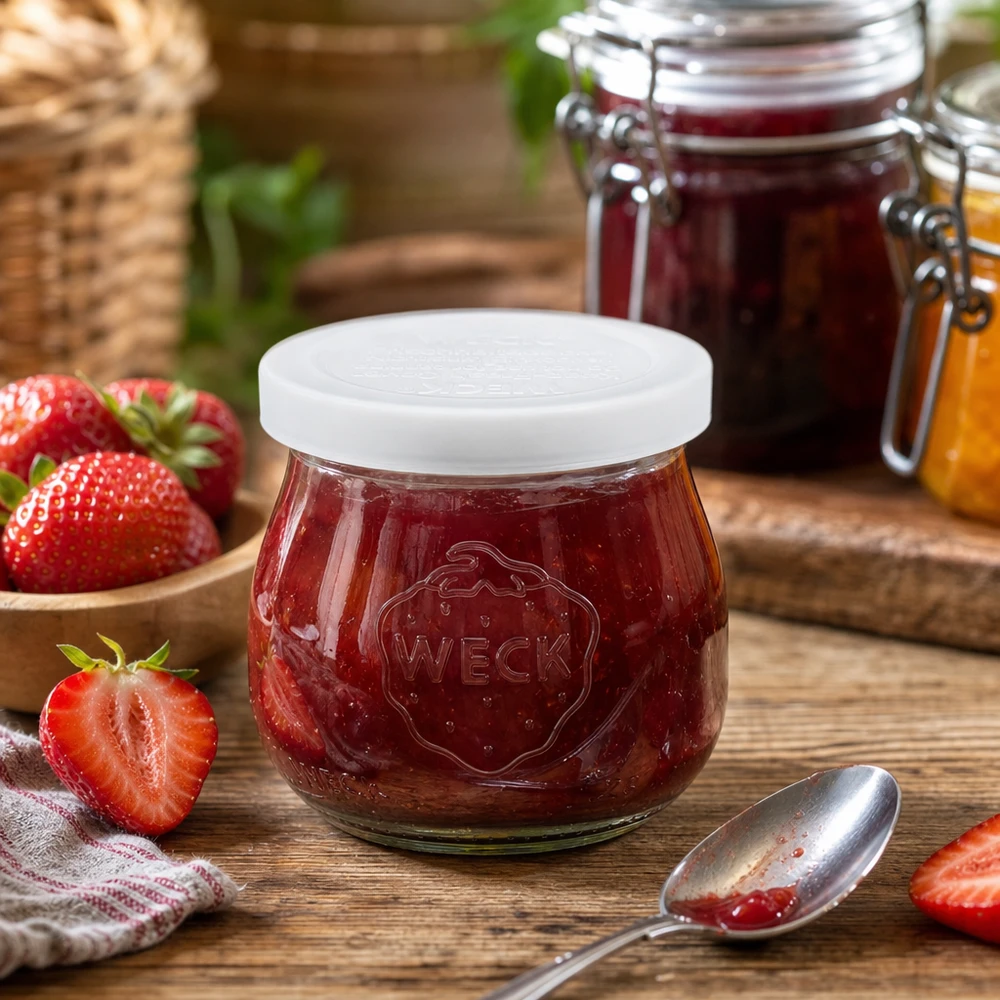 WECK 75ml słoik tulipan wypełniony dżemem truskawkowym obok świeżych truskawek na drewnianym stole RR40 słoik na przetwory