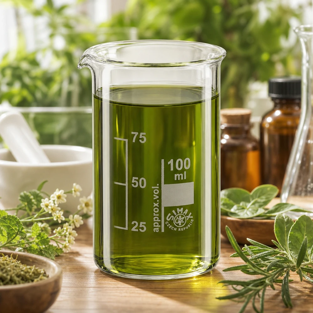 Zlewka 100 ml ze szkła borokrzemowego, wysoka Szklanka o pojemności 100 ml, wysoka, z zielonym ekstraktem ziołowym otoczonym świeżymi ziołami leczniczymi