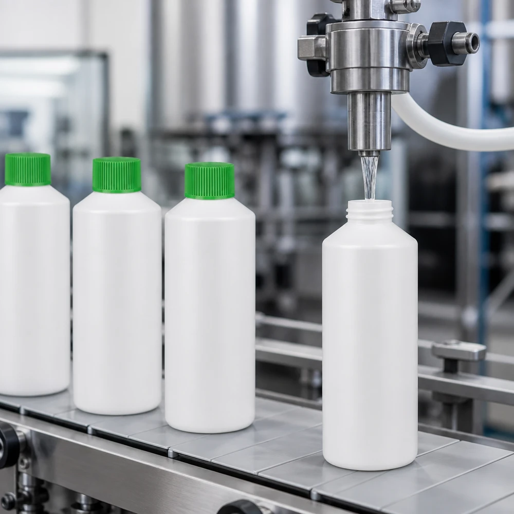Butelka apteczna HDPE 100ml biała, z zielonym SV Przemysłowe napełnianie białych butelek aptecznych z HDPE o pojemności 100 ml z zielonymi zakrętkami na taśmie przenośnikowej