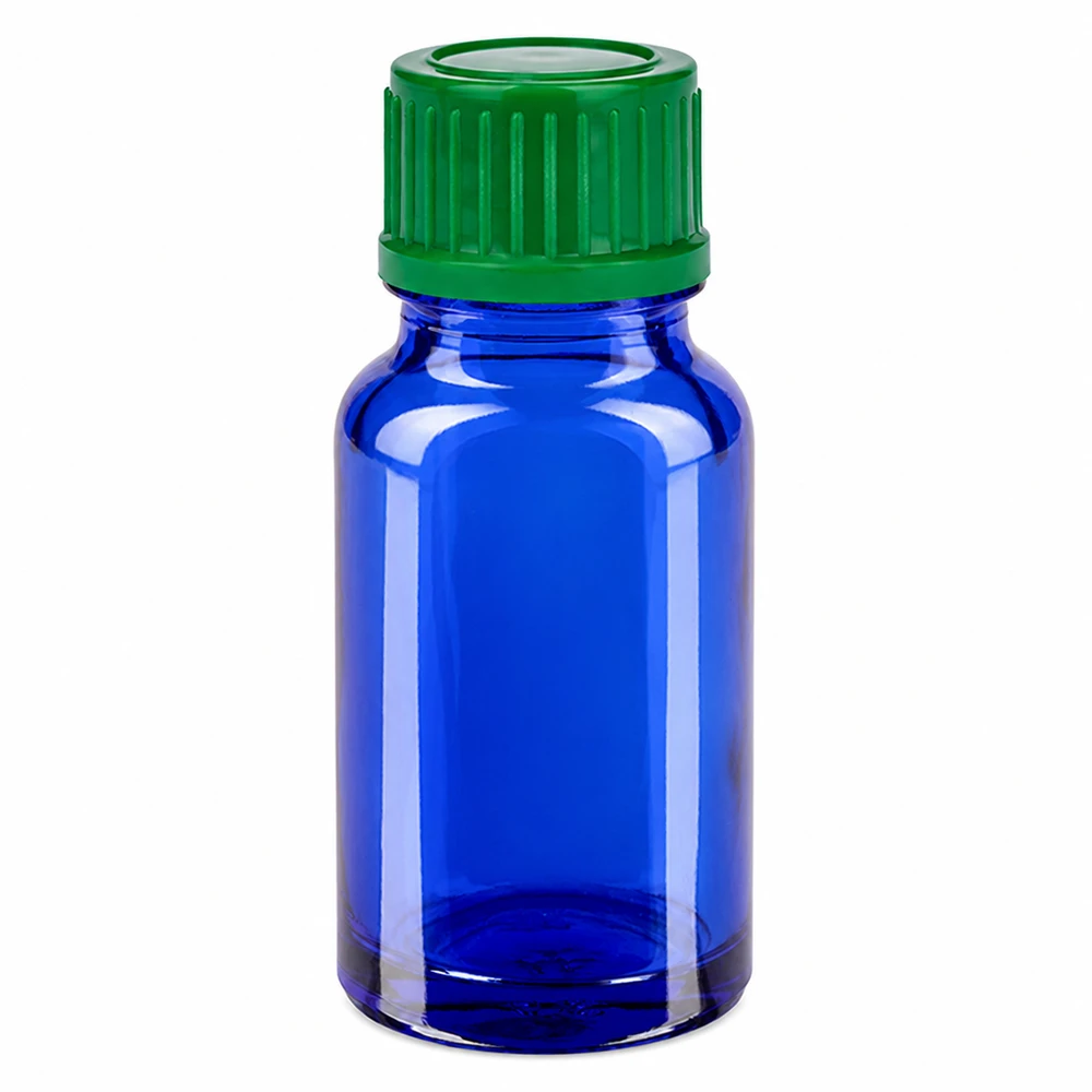 Butelka 10 ml 11 mm SV zielony STD BlueLine UT18/10 Butelka z niebieskiego szkła o pojemności 10 ml z zieloną zakrętką SV 11 mm STD BlueLine UT18/10