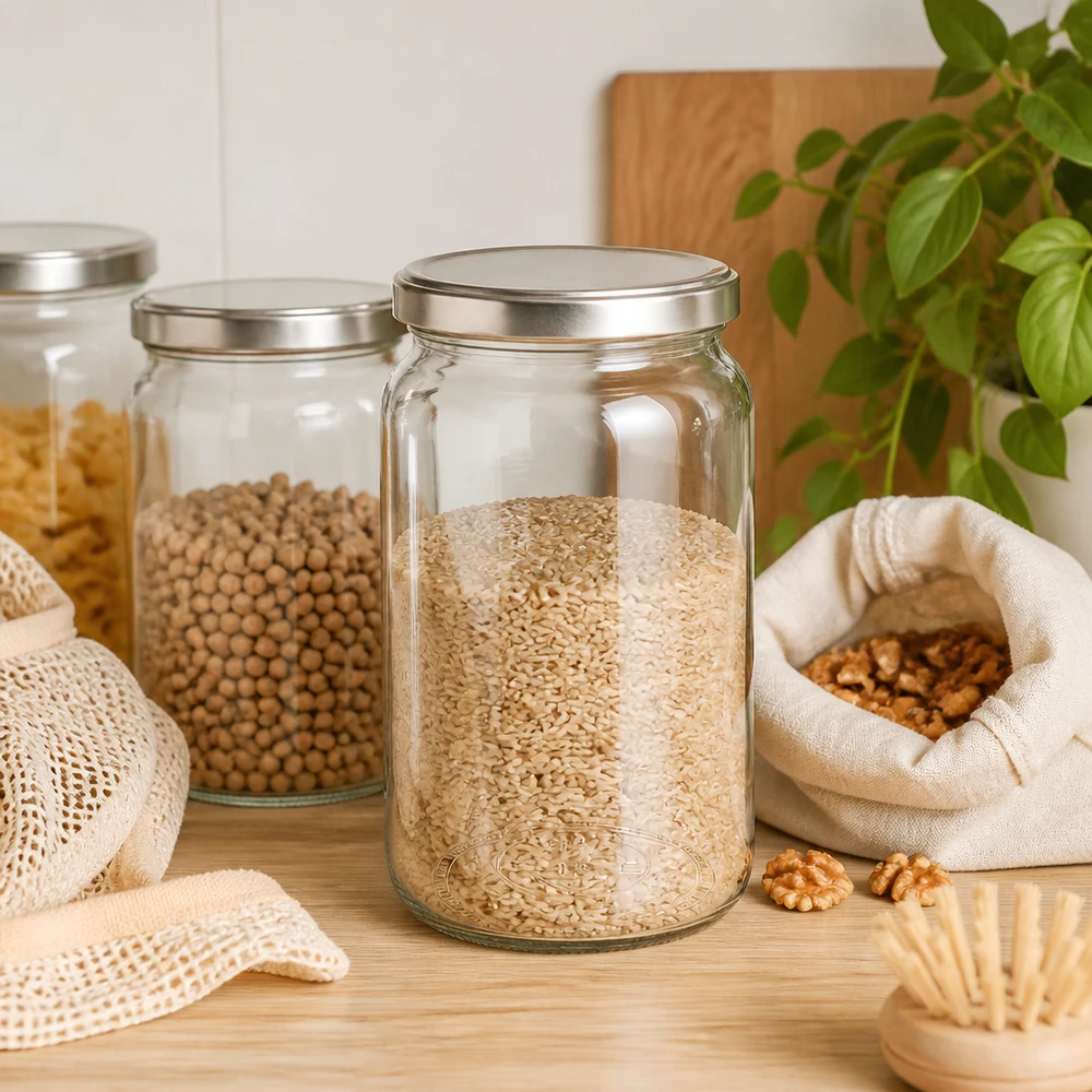Słoik okrągły 795 ml z pokrywką BasicSeal w kolorze srebrnym UN.. 795ml Rundglas mit BasicSeal Deckel gefüllt mit Getreide in nachhaltiger Zero-Waste Küche mit Stoffbeuteln