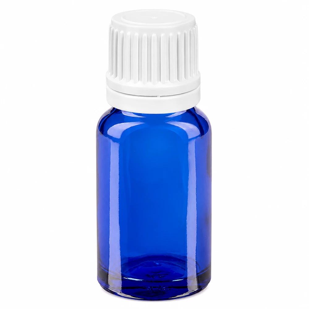 Butelka z kroplomierzem 10 ml 0,7 mm biała OV BlueLine UT18/10 Niebieska butelka z kroplomierzem o pojemności 10 ml wykonana ze szkła z białą zakrętką i otworem dozującym 0,7 mm