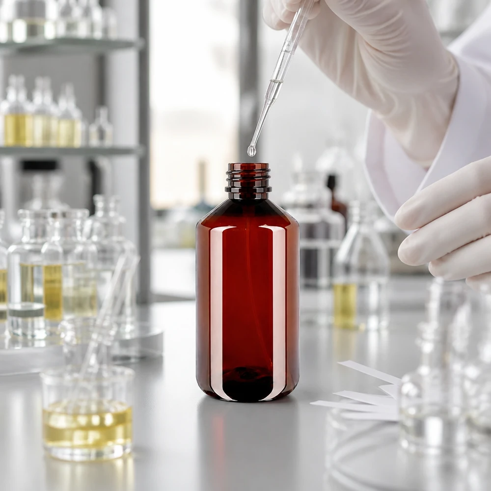 Przezroczysta pipeta napełnia w laboratorium brązową butelkę PET o pojemności 750 ml z czarnym rozpylaczem