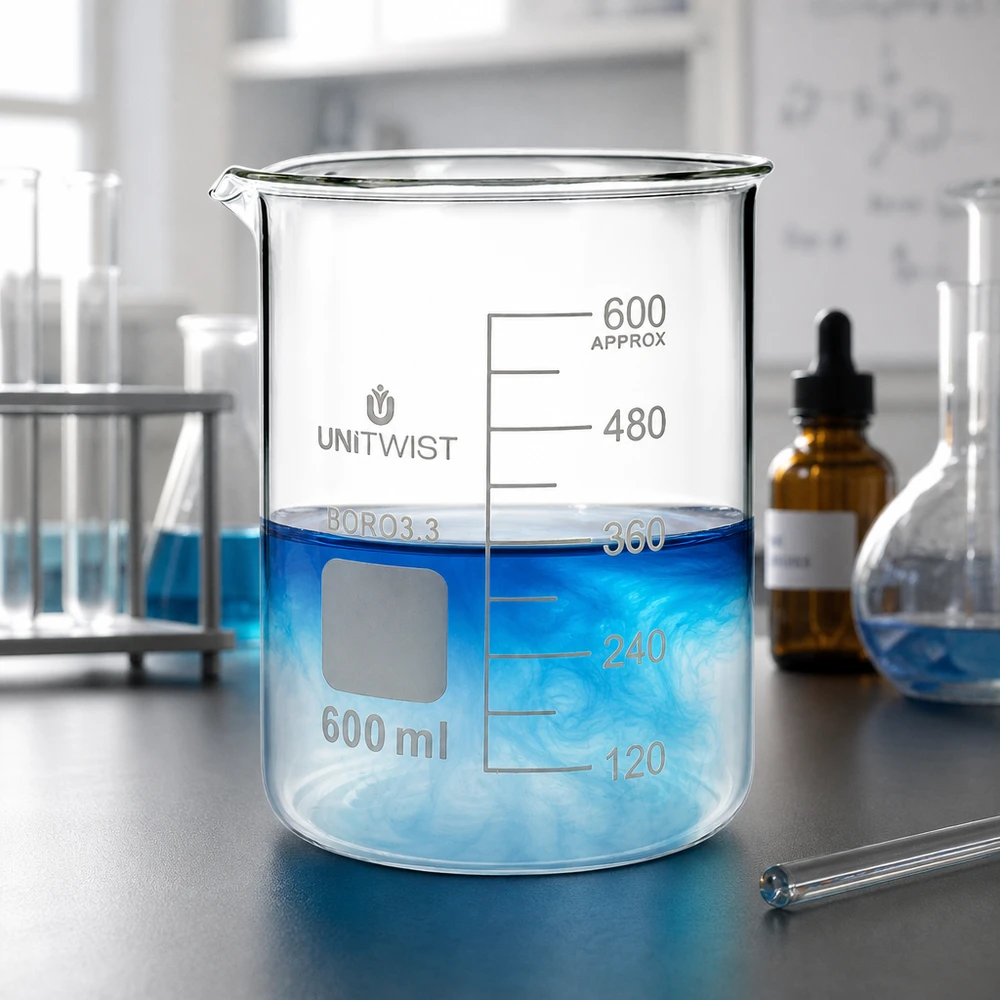 Szklanka UNiTWIST o pojemności 600 ml, niskiego kształtu, wykonana ze szkła Boro3.3, z wylewką, na stole laboratoryjnym