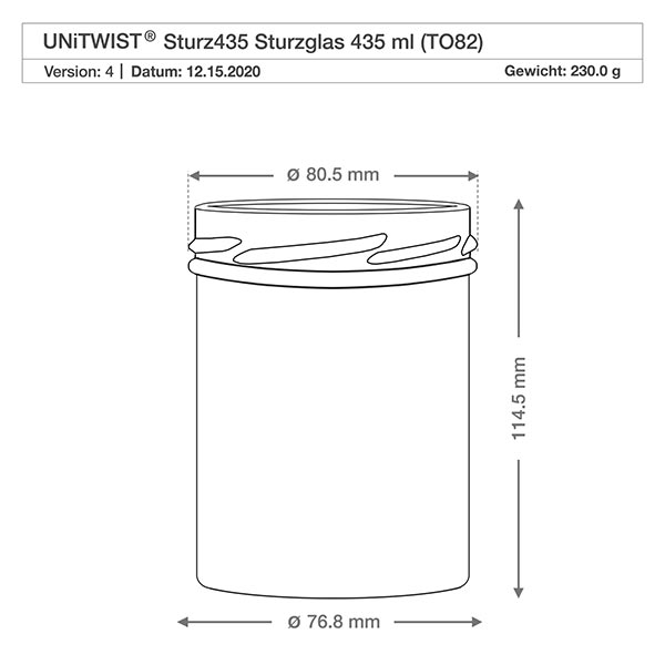 UNiTWIST Sturz435 - Kubki o pojemności 435ml TO82 Rysunek techniczny UNiTWIST Sturz435 słoik do przetworów 435ml o wymiarach Średnica 80.5mm Wysokość 114.5mm TO82