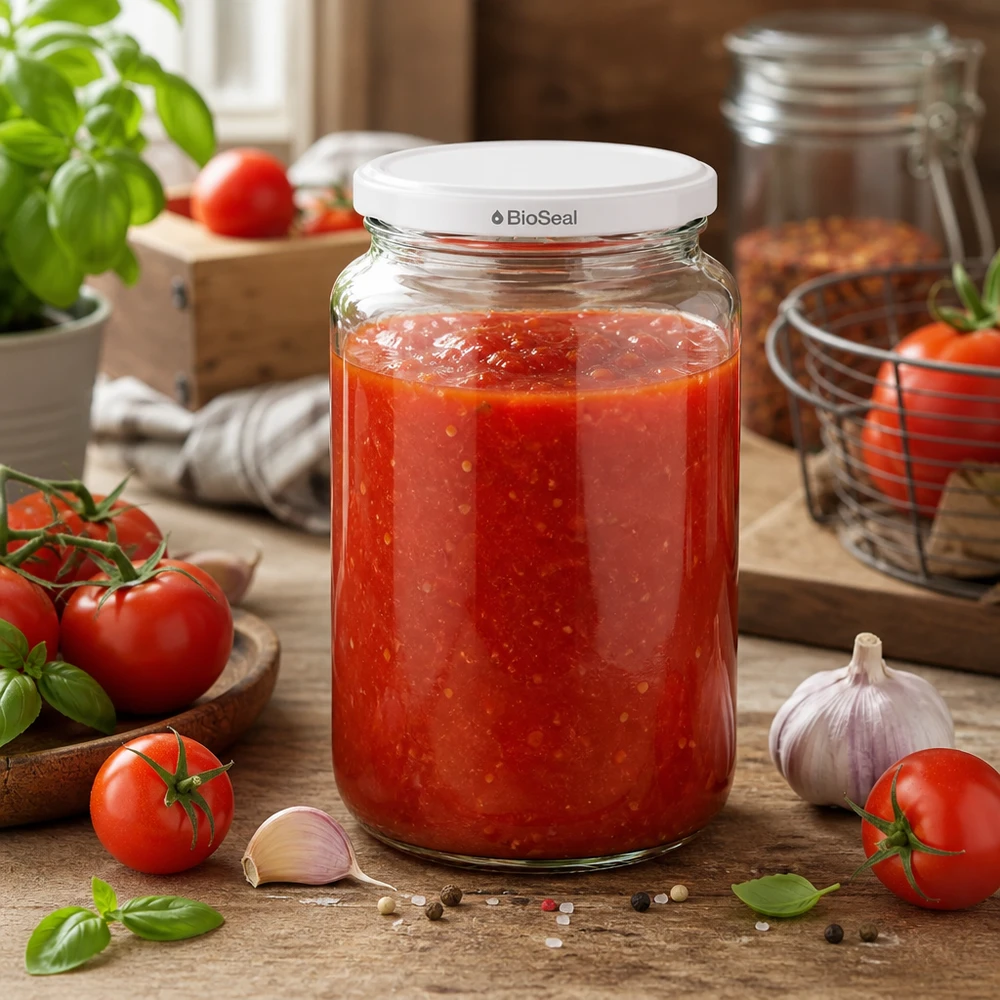 UNiTWIST Runda382 z białą pokrywką TO66 BioSeal UNiTWIST Runda382 mit hausgemachter Tomatensauce - frische Pasta-Sauce im BioSeal Einmachglas für Küchen-Vorrat