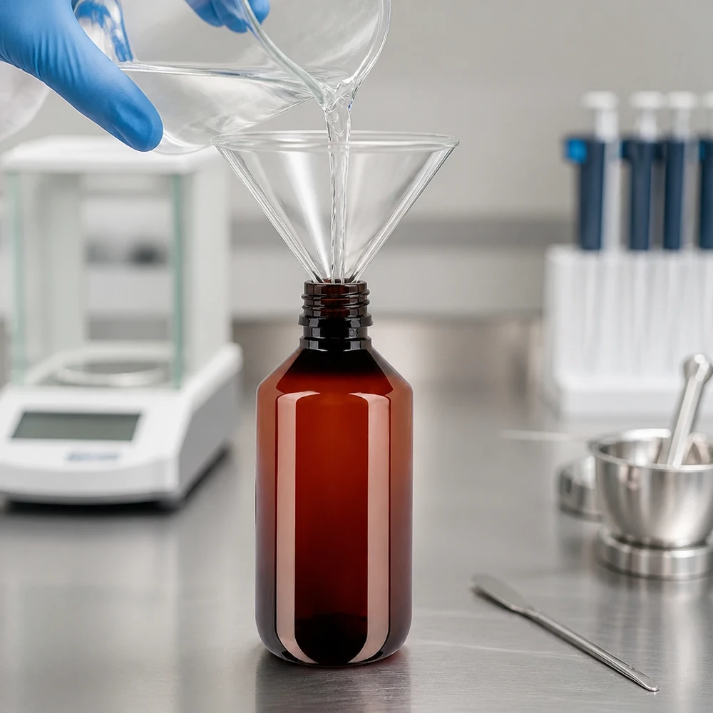 Butelka PET 200 ml z brązową nakrętką Standard Befüllung einer braunen 200ml PET Flasche mit klarer Flüssigkeit durch Glastrichter im Labor