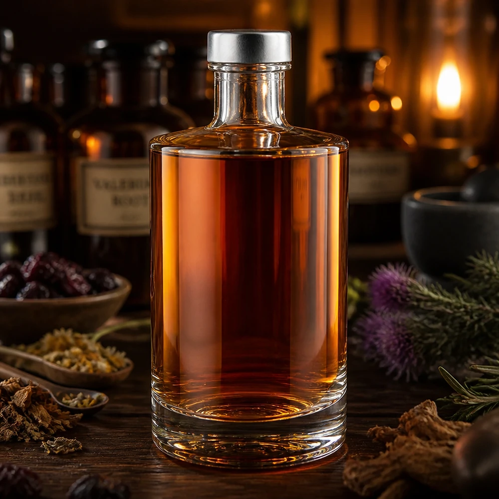 Butelka szklana 375 ml Sam i zakrętka srebrna UNiTWIST® Szklana butelka Sam o pojemności 375 ml z bursztynowym wypełnieniem i srebrną zakrętką w rustykalnym stylu z nutami roślinnymi.