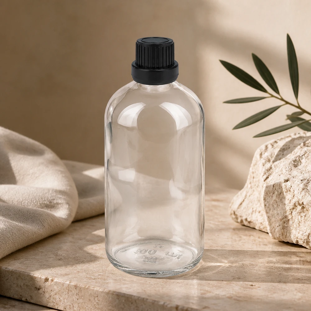 100 ml kroplówka 2 mm czarny OV ClearLine UT18/100 Przezroczysta butelka z zakraplaczem o pojemności 100 ml, wykonana z przezroczystego szkła, z czarną zakrętką zabezpieczającą, seria ClearLine