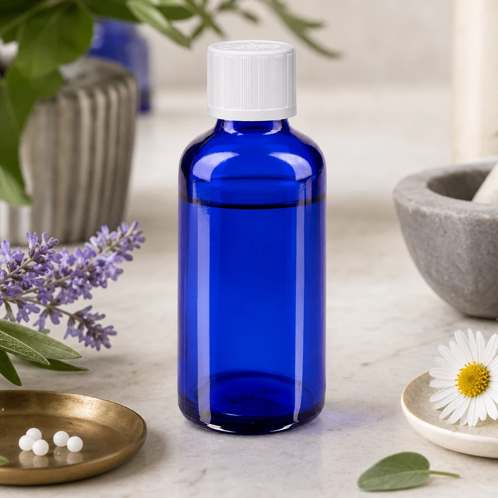 Niebieska buteleczka apteczna o pojemności 50 ml z białą nakrętką zabezpieczoną przed dziećmi, obok rumianku i lawendy