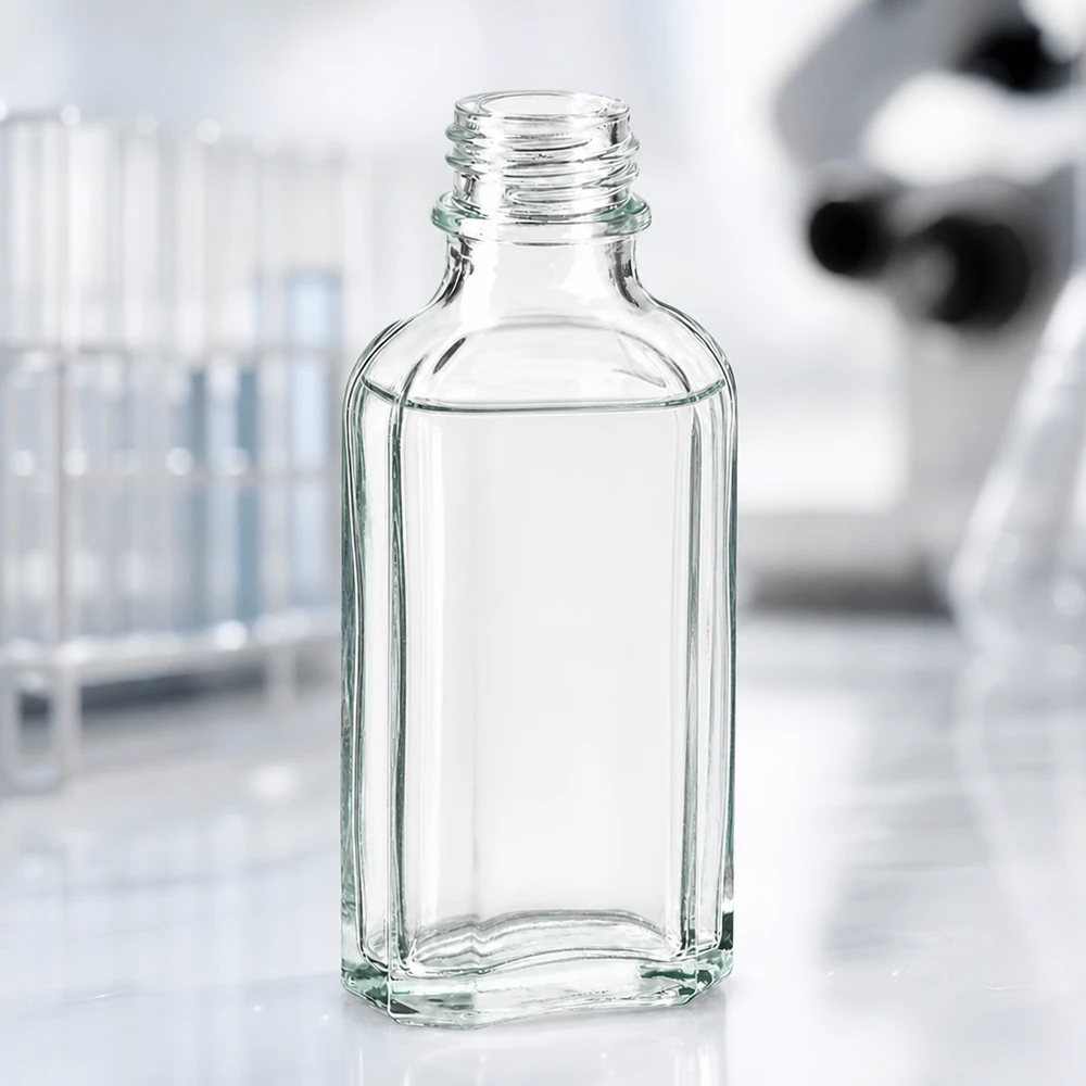 Płaska, przezroczysta butelka typu Meplat o pojemności 50 ml, o charakterystycznym prostokątnym kształcie i zakrętką zgodną z normą DIN 22