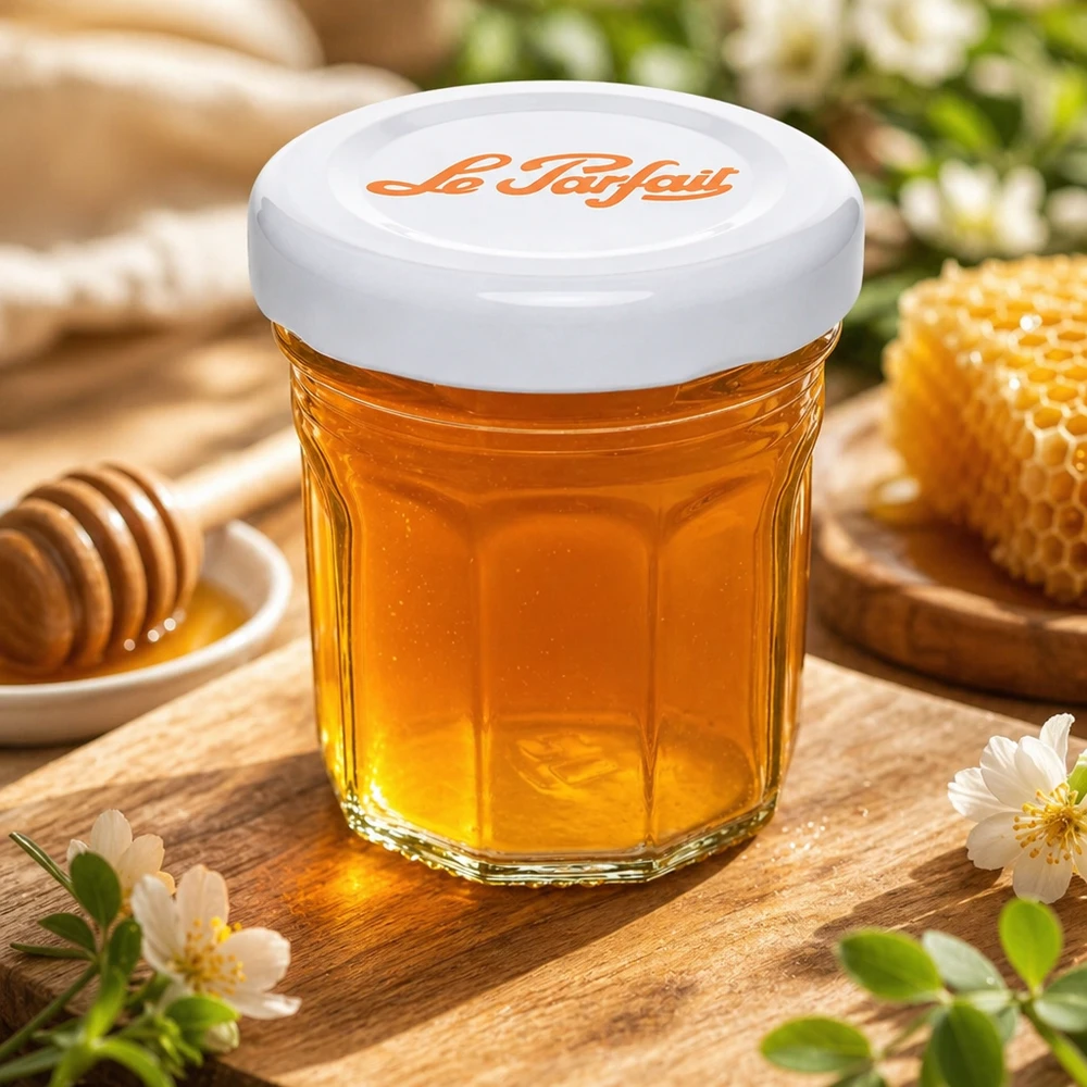 44ml Mini-Sturzglas "Jam" mit Schraubdeckel Le Parfait® Minibutelki Le Parfait 44 ml wypełnione miodem obok plastra miodu i łyżki miodu na drewnianym stole z dekoracją kwiatową