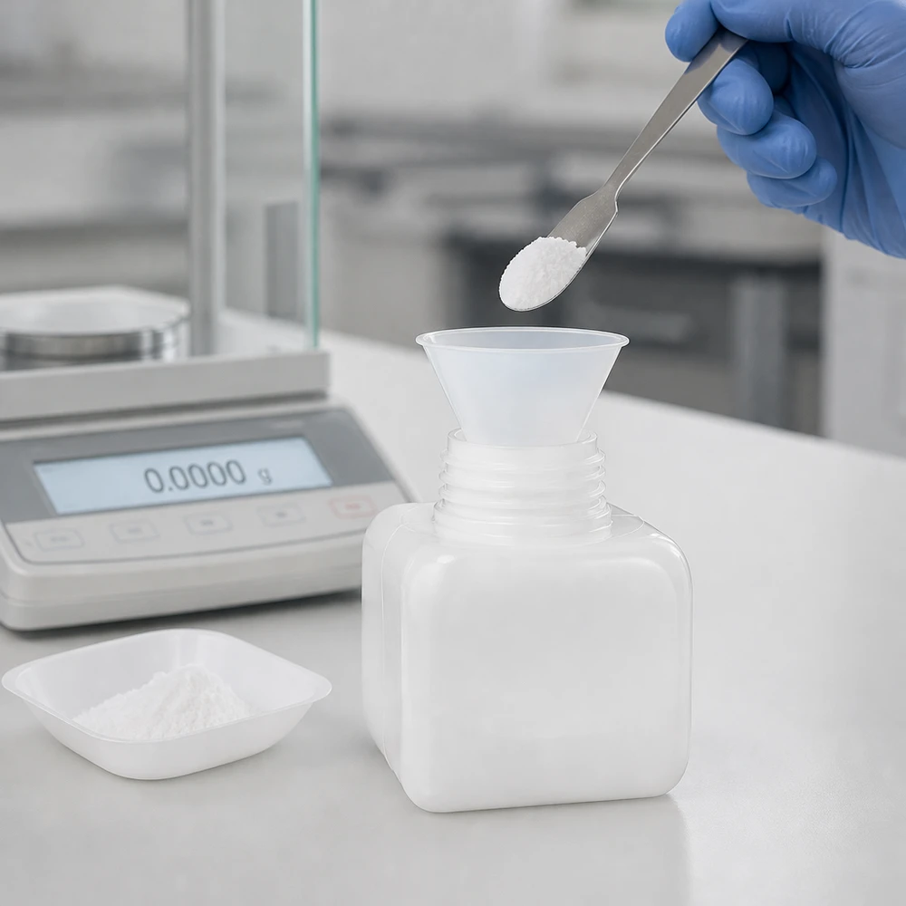 Butelka na chemikalia 250 ml z PE-HD, z szeroką szyjką; lejek laboratoryjny; napełnianie proszkiem; waga precyzyjna
