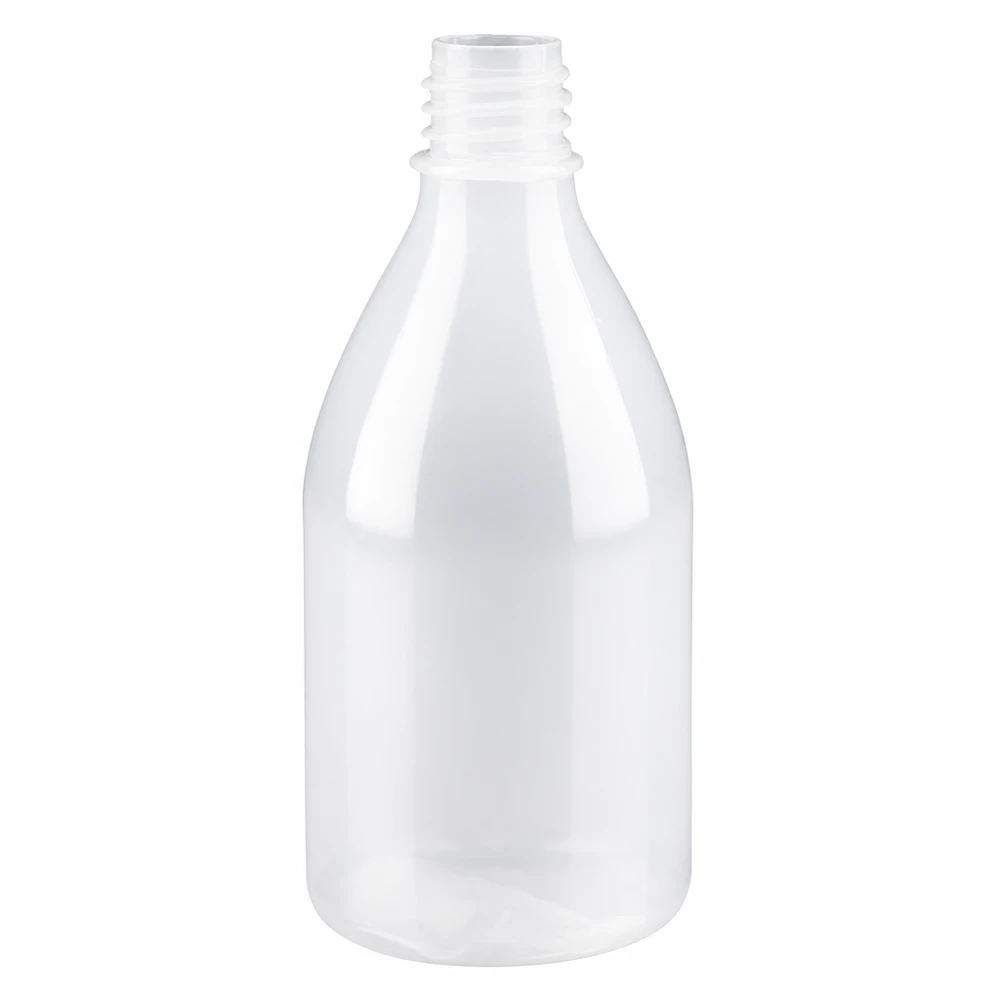 Butelka laboratoryjna 100 ml z wąską szyjką bez zakrętki Przezroczysta butelka laboratoryjna o pojemności 100 ml, z wąską szyjką, wykonana z tworzywa sztucznego, bez nakrętki, przeznaczona do zastosowań laboratoryjnych i badawczych