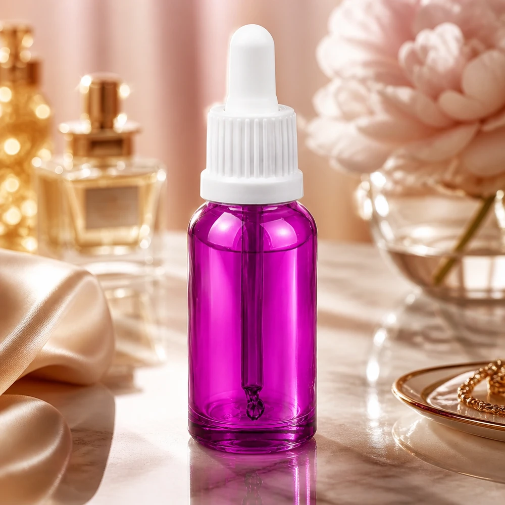 Butelka z pipetą 20 ml biała Oryginalna zakrętka PurpleLine UT18/20 Wysokiej jakości butelka z pipetą 20 ml wykonana z fioletowego szkła z białą nasadką OV do serum