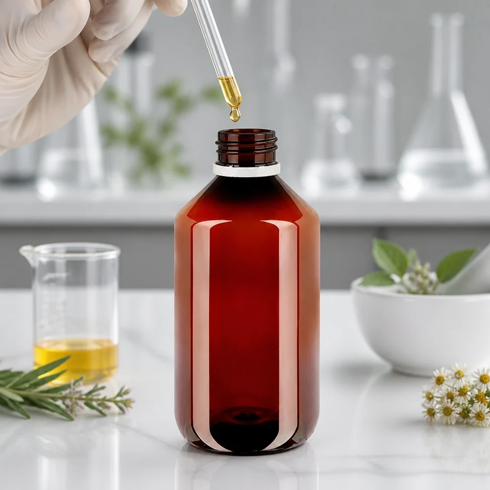Brązowa butelka PET o pojemności 500 ml z białym, żłobkowanym zamknięciem OV w laboratorium
