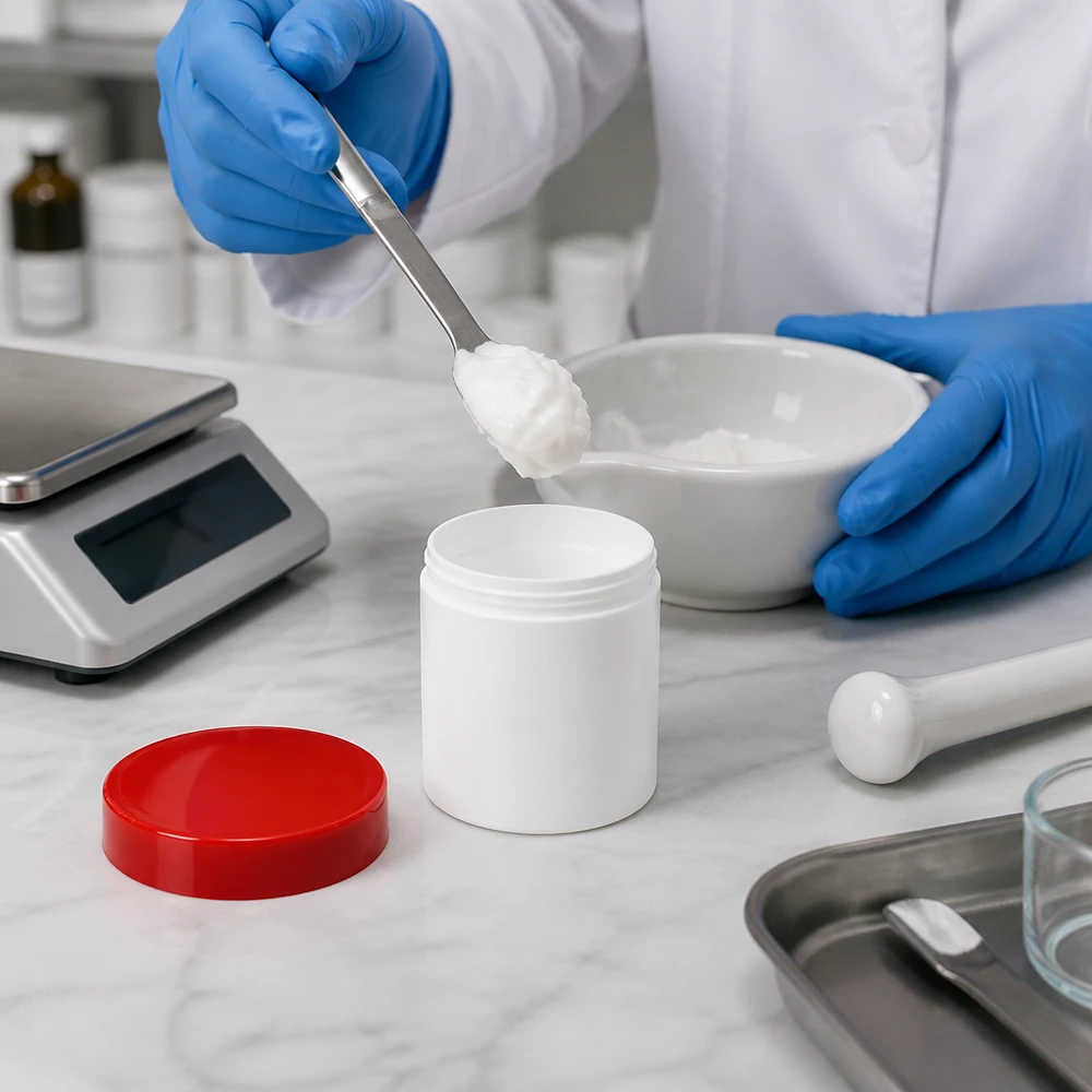 Słoiczek na maść 30g biały z czerwoną zakrętką (PP) Farmaceuta napełnia preparat w postaci kremu do białego słoiczka na maść o pojemności 30 g z czerwoną zakrętką z PP