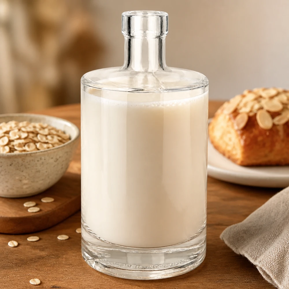 Szklana butelka Marie 500 ml bez zamknięcia UNiTWIST® 500 ml szklana butelka Marie wypełniona mlekiem owsianym wraz z płatkami owsianymi i chlebem pokazuje wszechstronność alternatyw dla mleka