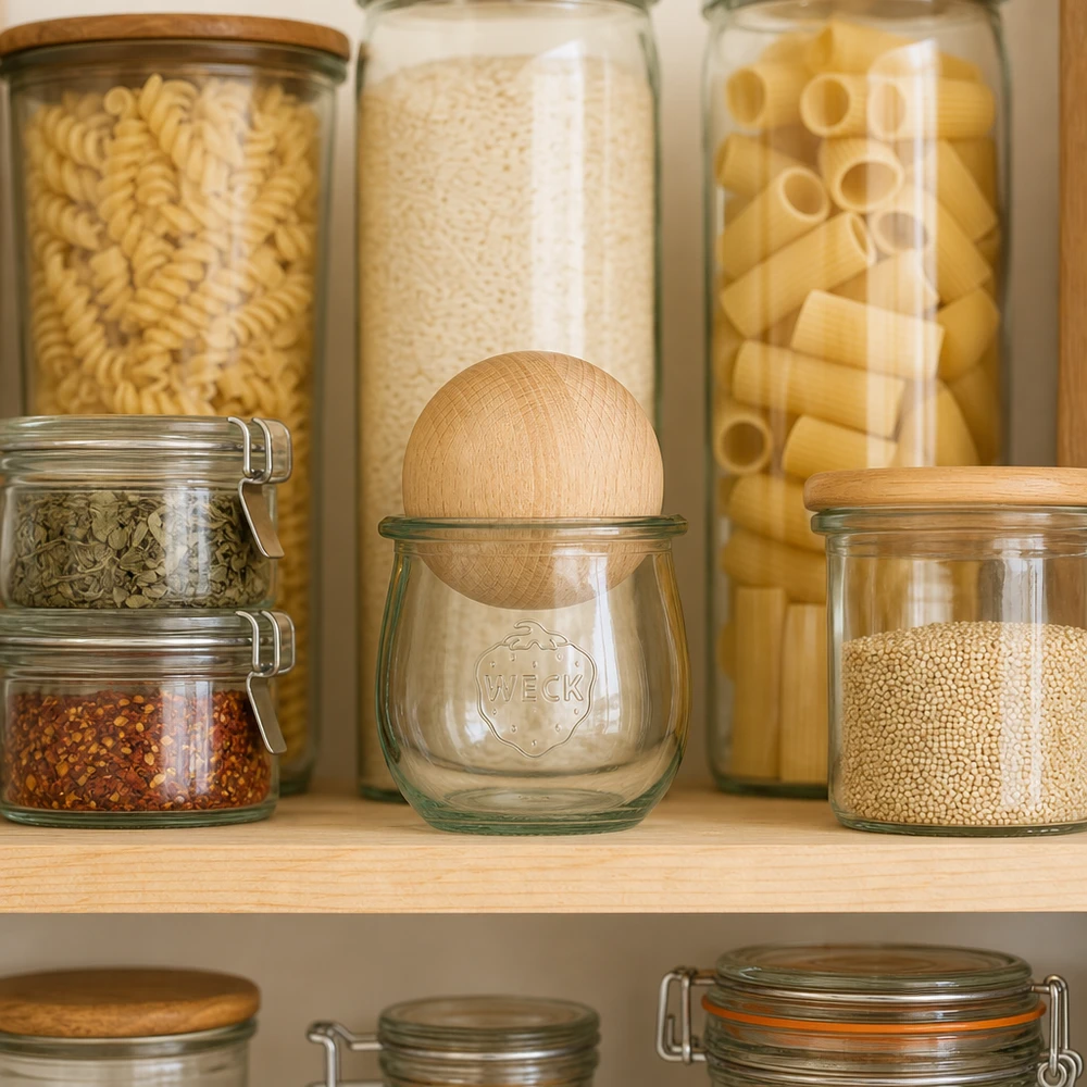370ml słoik tulipan WECK RR80 z drewnianą kulką buk Słoik WECK RR80 tulipan z bukową pokrywką w zorganizowanej spiżarni między makaronem a roślinami strączkowymi