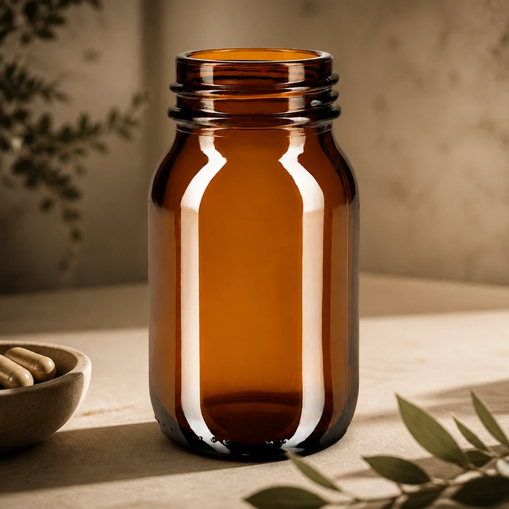 Butelka z szeroką szyjką o pojemności 100 ml z bursztynowego szkła Wysokiej jakości butelka z bursztynowego szkła o pojemności 100 ml z solidną zakrętką zapewniającą bezpieczne przechowywanie