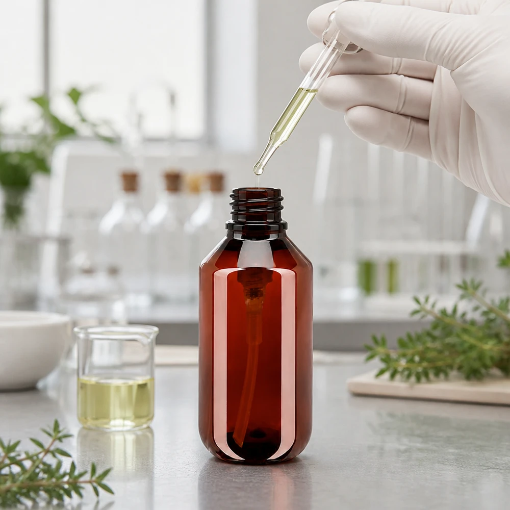 Butelka PET 100ml z pompką dozującą czarna Butelka PET o pojemności 100 ml w kolorze bursztynowym z czarną pompką dozującą w nowoczesnym laboratorium