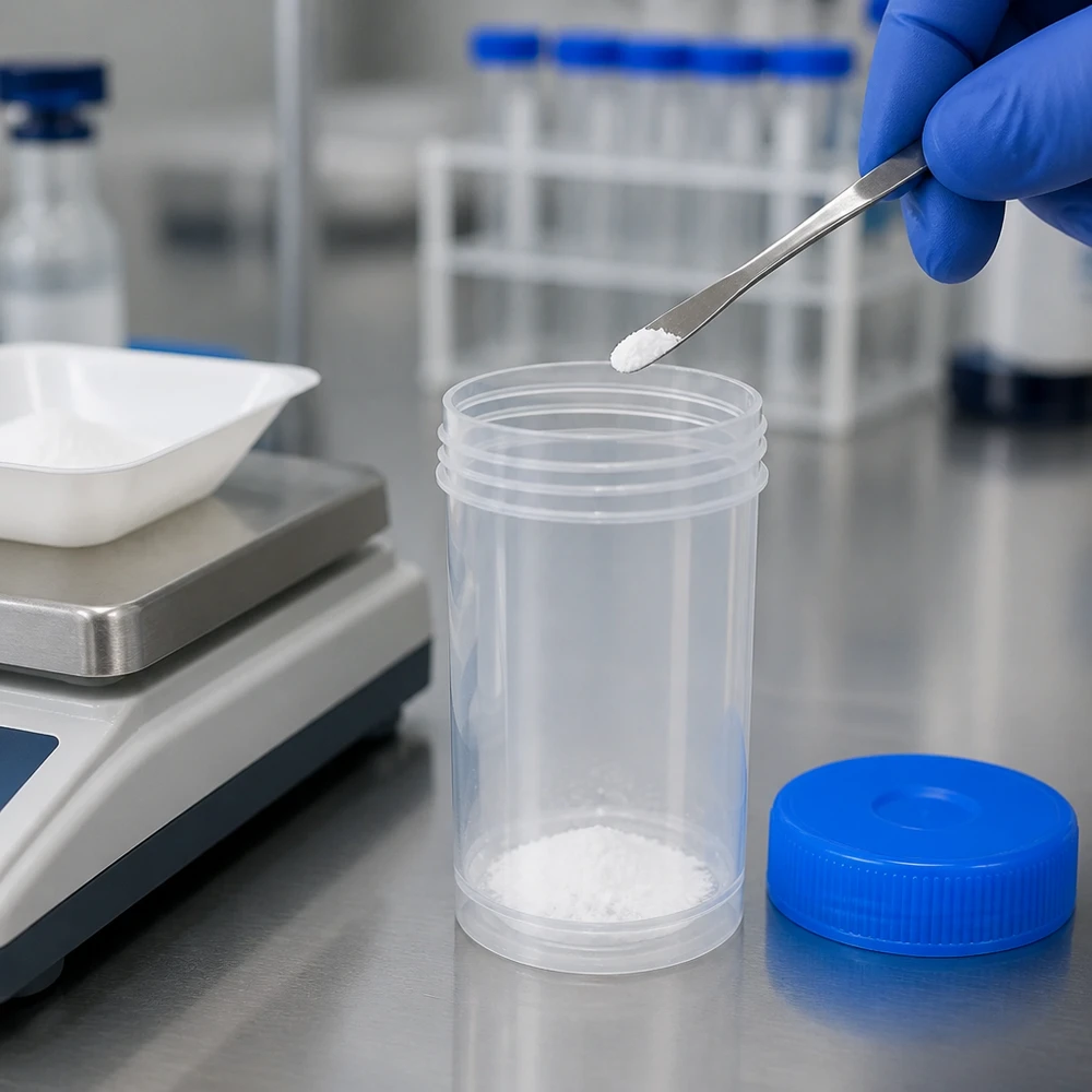 Uniwersalny plastikowy pojemnik (naczynie patologiczne) 100 ml Preparat w postaci proszku należy za pomocą pęsety wsypać do przezroczystego naczynia na próbki o pojemności 100 ml