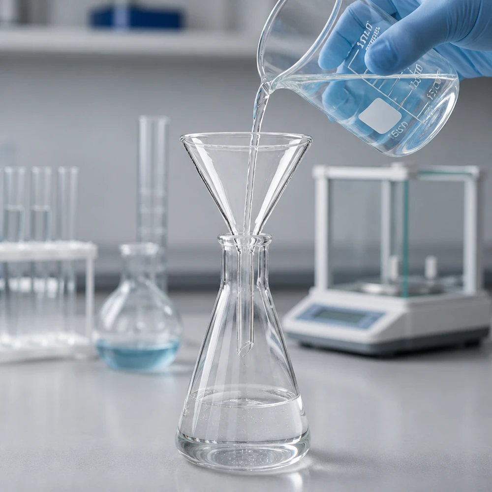 Lejek Ø 55 mm borokrzemianowy kątowy 60 krótki styl Przezroczysty krótki lejek 55 mm wykonany z żaroodpornego borokrzemianu do zastosowań laboratoryjnych