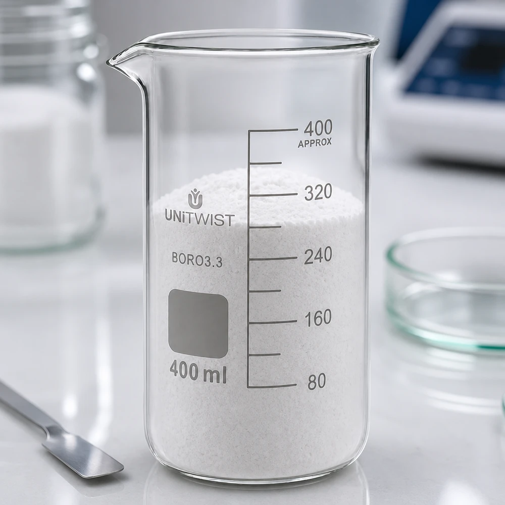 Szklanka o pojemności 400 ml, wysoka, wypełniona białym proszkiem, stojąca na stole laboratoryjnym UNITWIST z borokrzemianu