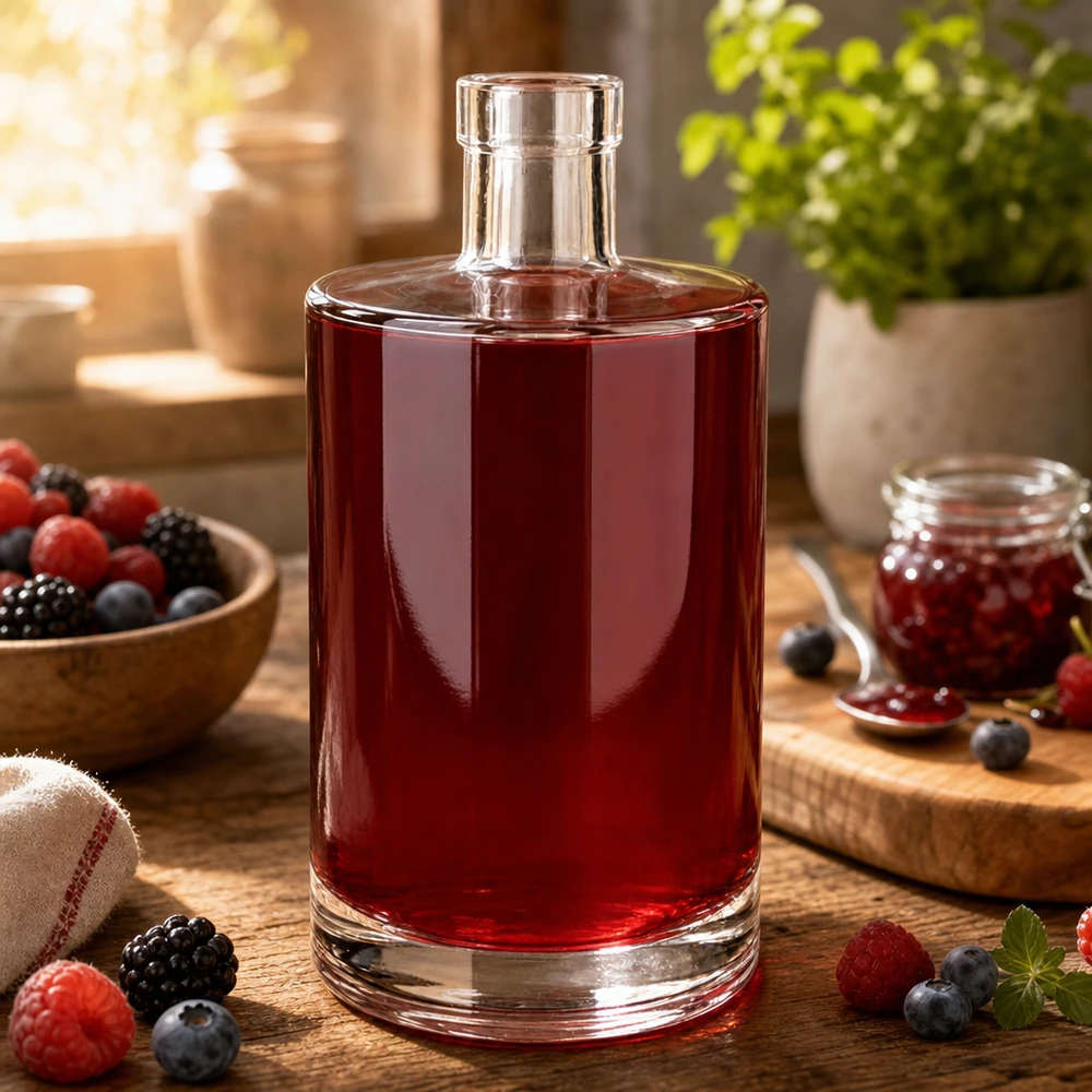 Szklana butelka Marie 700 ml bez zamknięcia UNiTWIST® 700ml Glasflasche Marie mit rötlichem Beerensaft befüllt umgeben von frischen Beeren auf rustikalem Holztisch