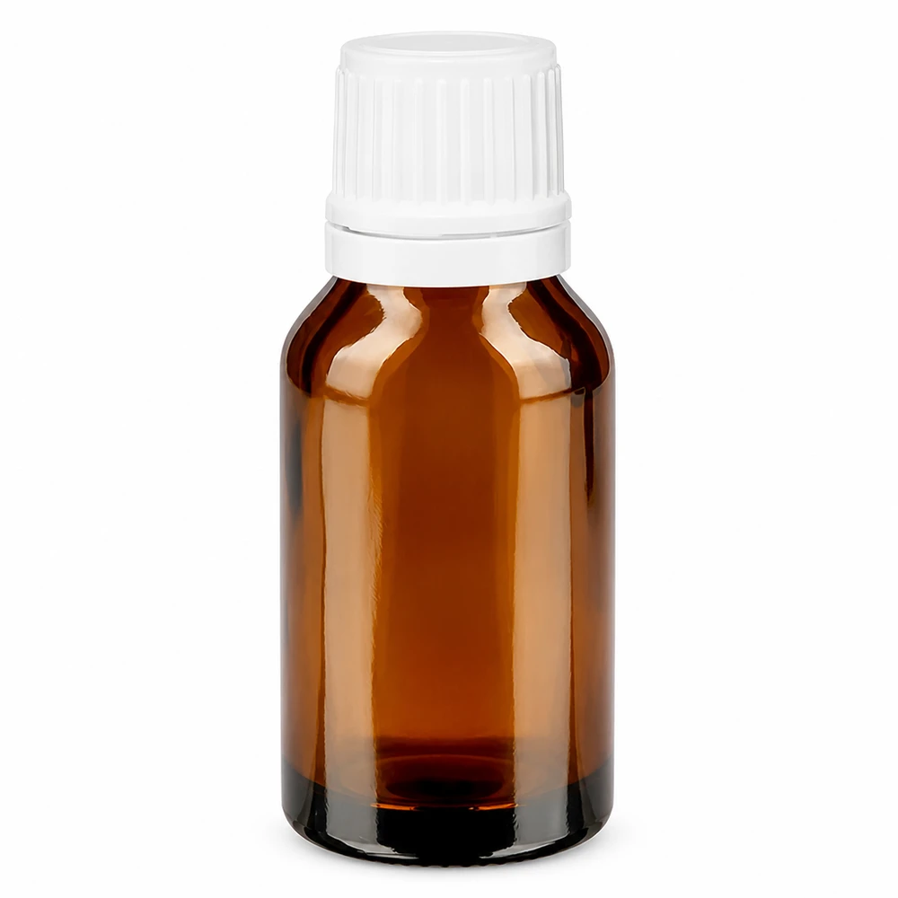 Brązowa buteleczka apteczna o pojemności 15 ml z białym zamknięciem zabezpieczającym oraz szklaną wkładką kroplową o średnicy 1,2 mm