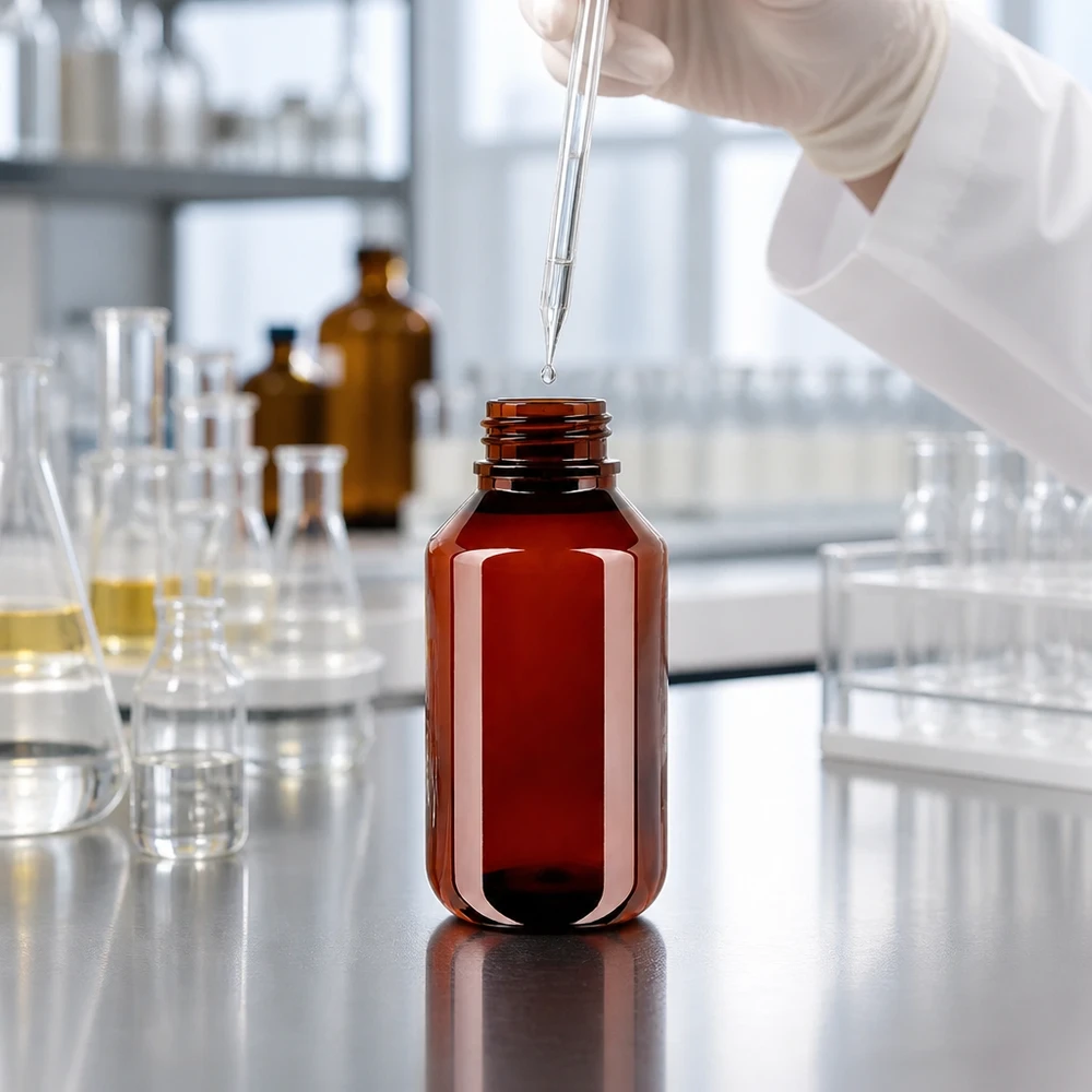 Pipeta wlewa płyn do otwartej, brązowej butelki PET o pojemności 100 ml, stojącej na stole laboratoryjnym