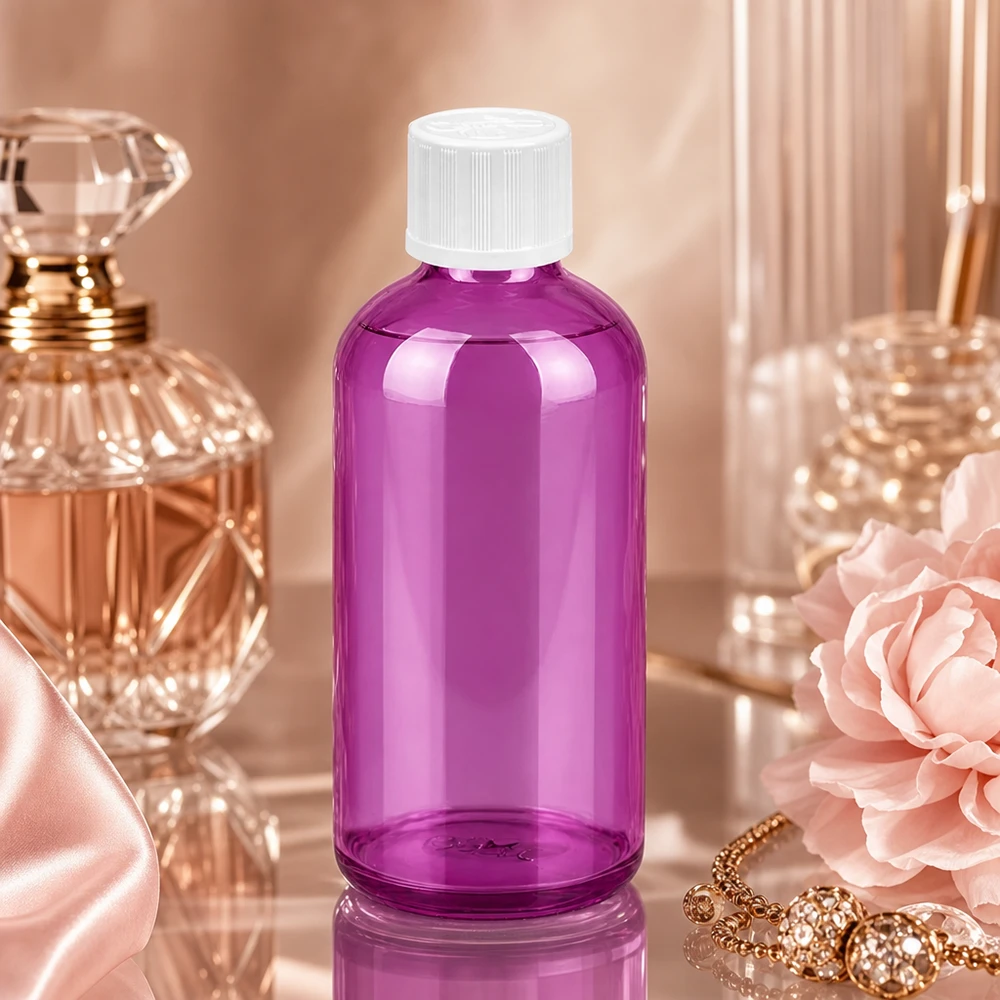 Butelka z zakraplaczem 100 ml 1,2 mm biała, standardowa linia PurpleLine zabezpieczona przed dziećmi. UT18/100 Kompaktowa szklana butelka o pojemności 100 ml w kolorze fioletowym z precyzyjnym zakraplaczem 1,2 mm do zastosowań w aromaterapii