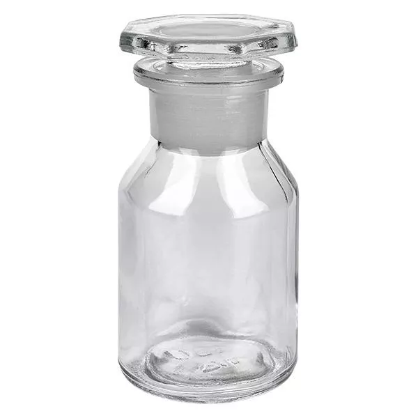 Butelka z prostymi ściankami o pojemności 50 ml, przezroczysta, z szklanym korkiem, wykonana z wysokiej jakości szkła borokrzemowego, przeznaczona do zastosowań laboratoryjnych