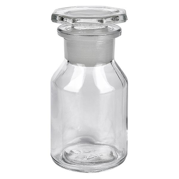 Butelka z przezroczystą szeroką szyjką i szklanym korkiem o pojemności 50 ml Butelka z prostymi ściankami o pojemności 50 ml, przezroczysta, z szklanym korkiem, wykonana z wysokiej jakości szkła borokrzemowego, przeznaczona do zastosowań laboratoryjnych