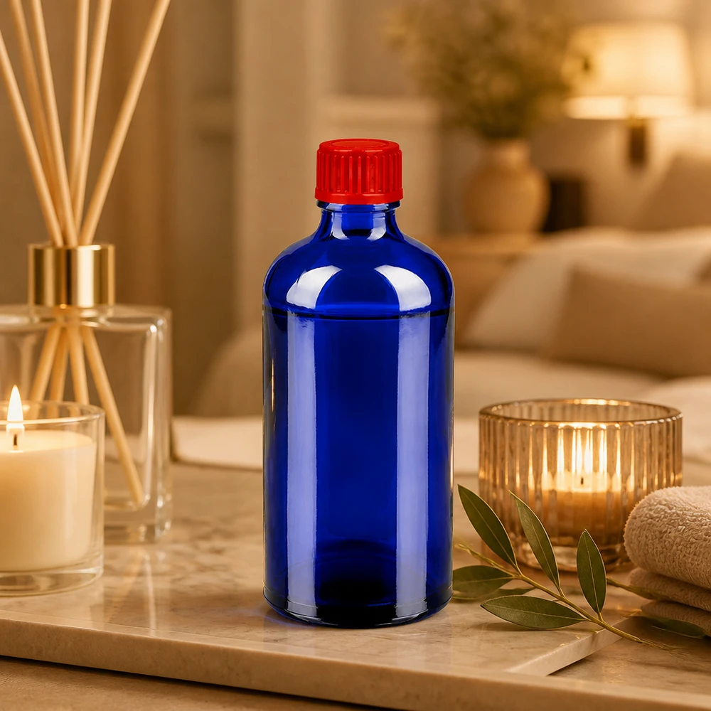 Wysokiej jakości szklana butelka o pojemności 100 ml w eleganckim kobaltowo-niebieskim kolorze z praktyczną czerwoną zakrętką o średnicy 11 mm.