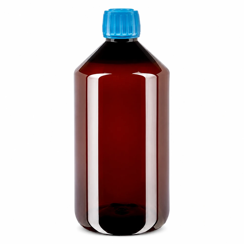 Brązowa butelka PET o pojemności 750 ml z niebieską oryginalną nakrętką, przeznaczona do zastosowań farmaceutycznych i laboratoryjnych