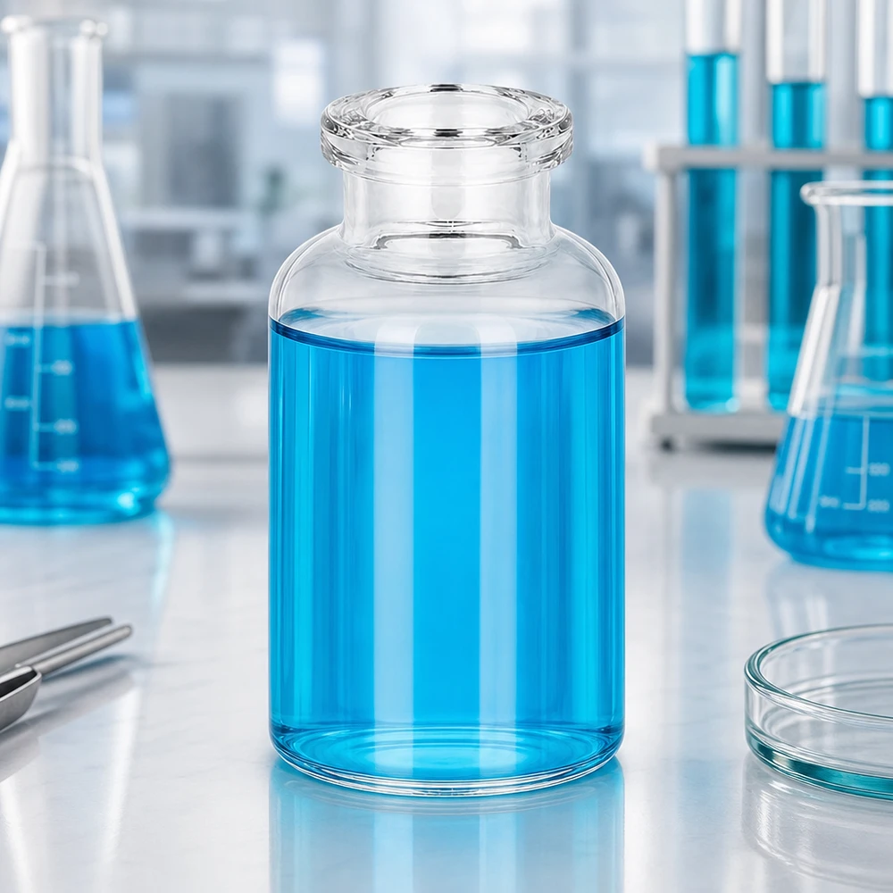 Butelka iniekcyjna z przezroczystego szkła 20 ml Injektionsvial 20ml Klarglas auf weißer Laborbank neben Petrischale und Pinzette