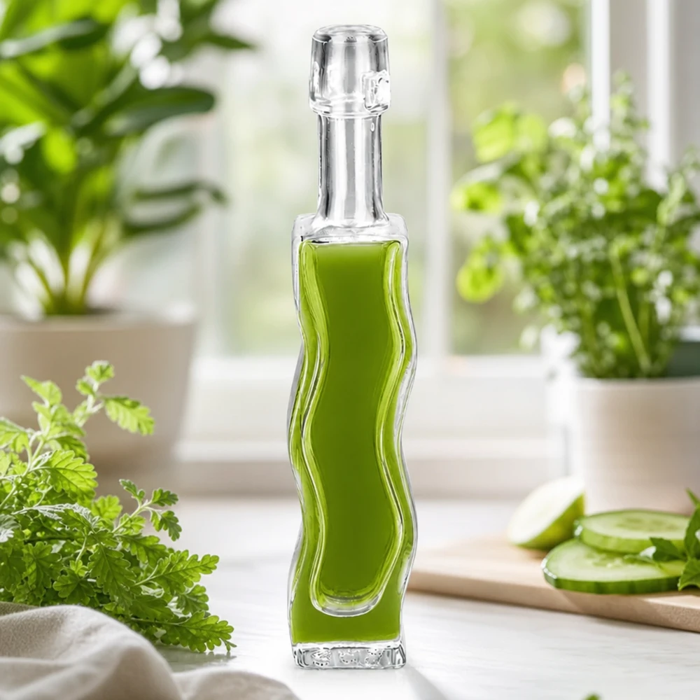 40 ml szklana butelka Anna wypełniona zielonym ekstraktem ziołowym pietruszka dekoracja jasny parapet naturalne kosmetyki atmosfera