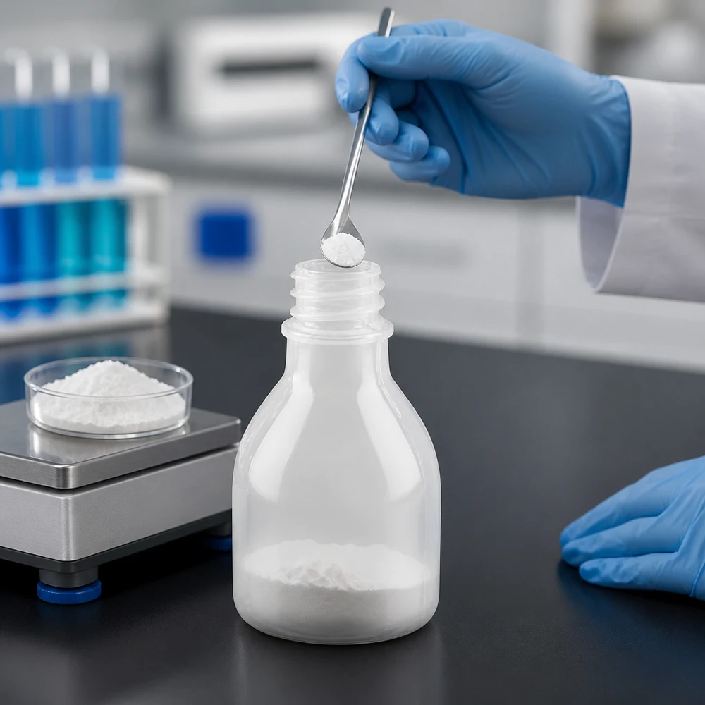 Mała biała buteleczka laboratoryjna o pojemności 20 ml i wąskiej szyjce jest napełniana białym proszkiem w profesjonalnym laboratorium