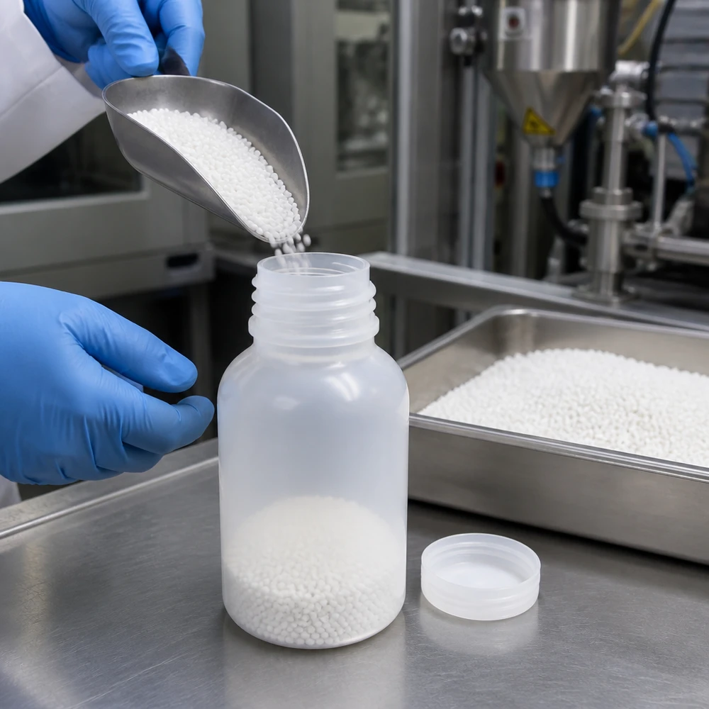 Przezroczysta butelka o szerokiej szyjce o pojemności 100 ml, wykonana z tworzywa HDPE, z widocznym poziomem napełnienia, przeznaczona do próbek laboratoryjnych