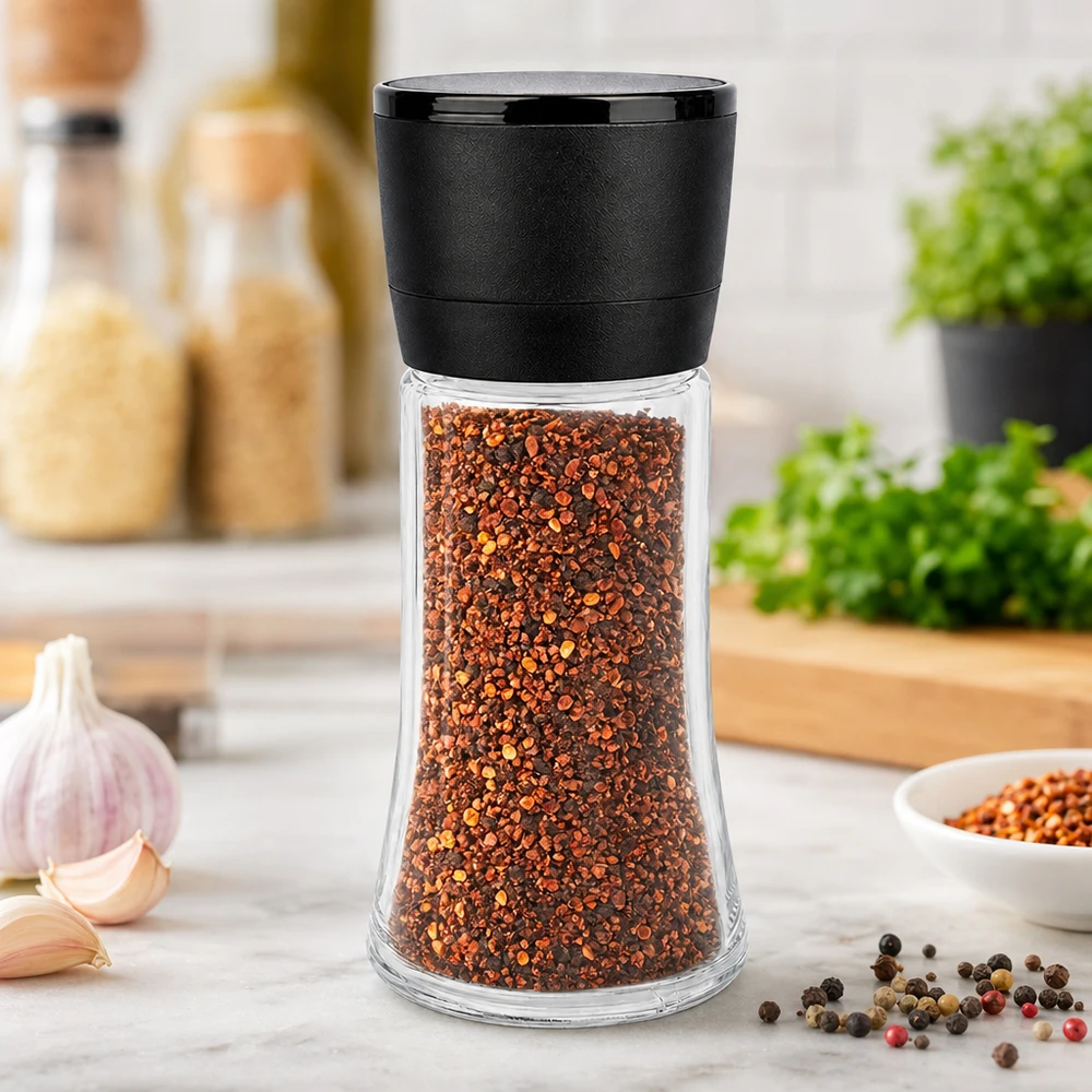 Słoik na sól/przyprawy 95 ml z młynkiem Vario, czarny Młynek „Schwarze Mühle Vario” na przezroczystym szklanym pojemniku o pojemności 95 ml, wypełniony czerwonymi płatkami chili, w aranżacji kuchennej