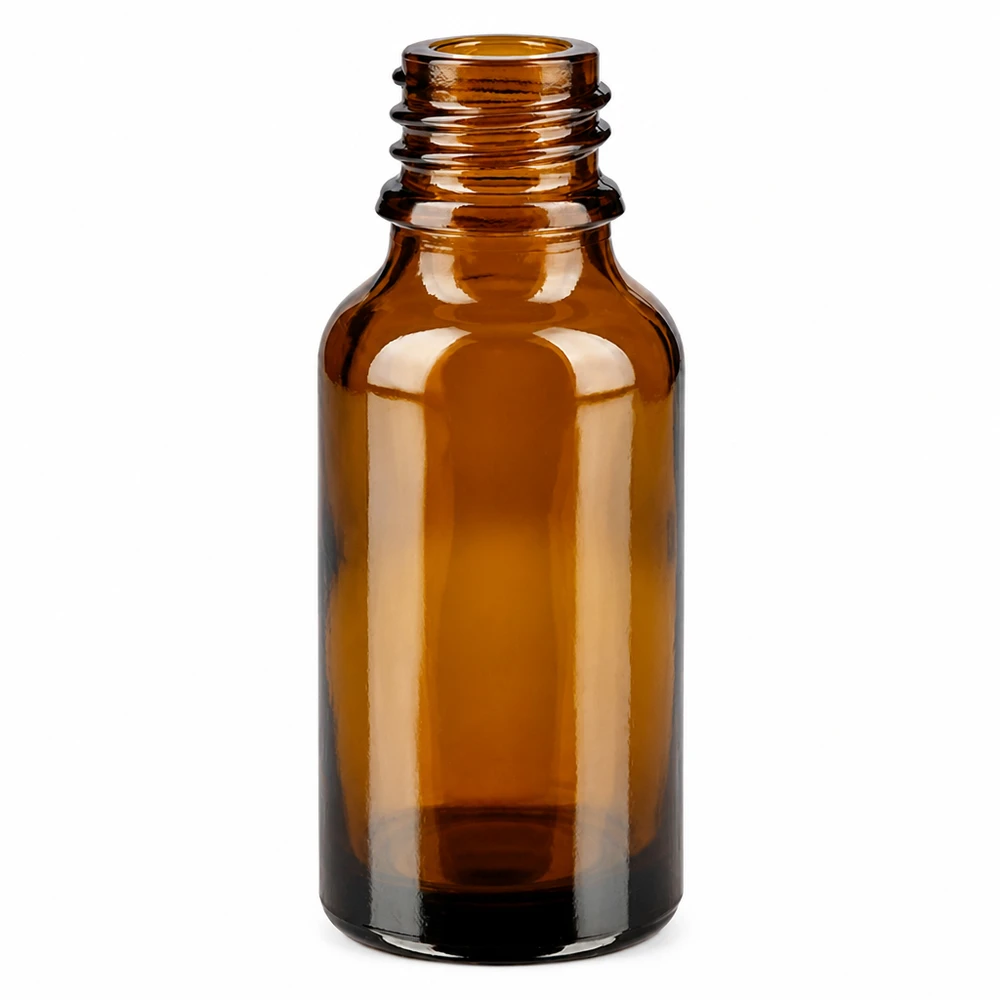Butelka z zakraplaczem 20 ml DIN 18 wykonana z bursztynowego szkła 20 ml brązowa butelka farmaceutyczna ApoGlas o wysokim kształcie, pusta, bez nakrętki, na białym tle