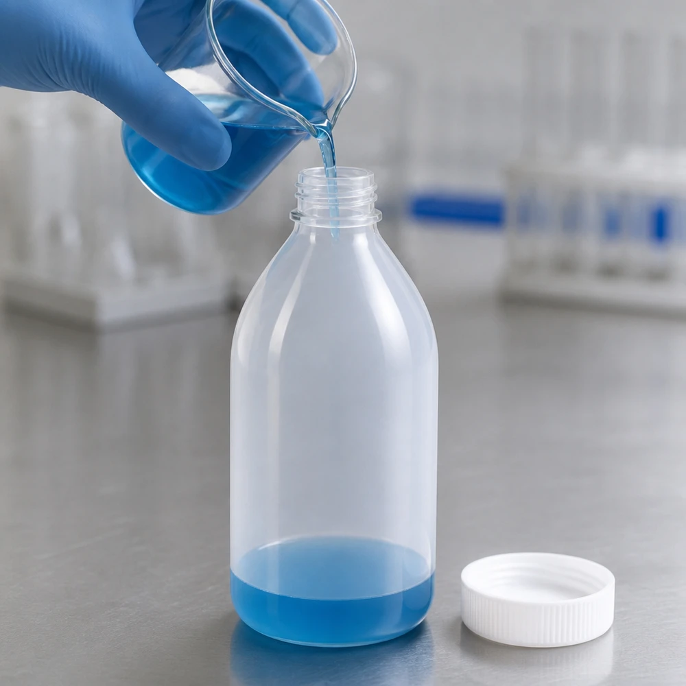 Butelka laboratoryjna 500 ml z wąską szyjką bez zakrętki Laborant przelewa niebieski płyn z zlewki do 500 ml butelki laboratoryjnej z wąską szyjką, mając na ręce niebieską rękawiczkę