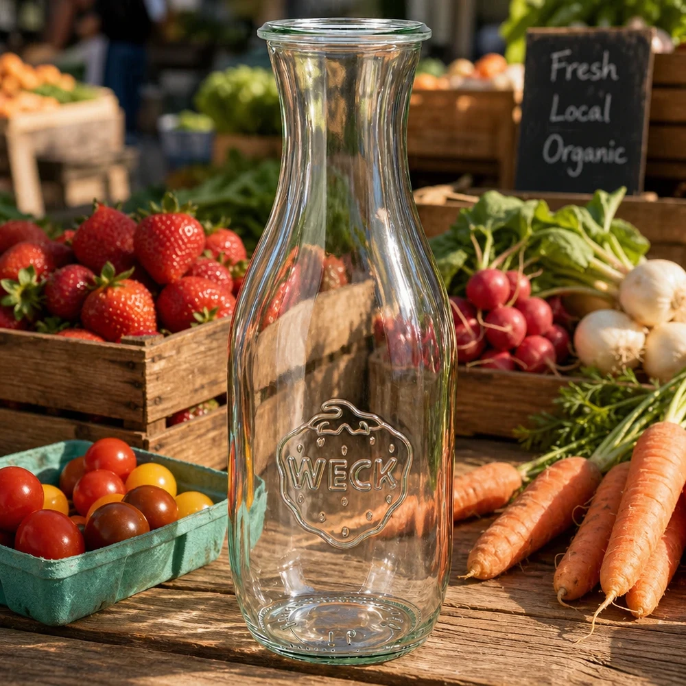 Butelka na sok WECK RR60 o pojemności 1062 ml Butelka soku WECK 1062ml RR60 na drewnianym stole ze świeżymi warzywami z targu, marchewką, rzodkiewką, pomidorami i znakiem ekologicznym