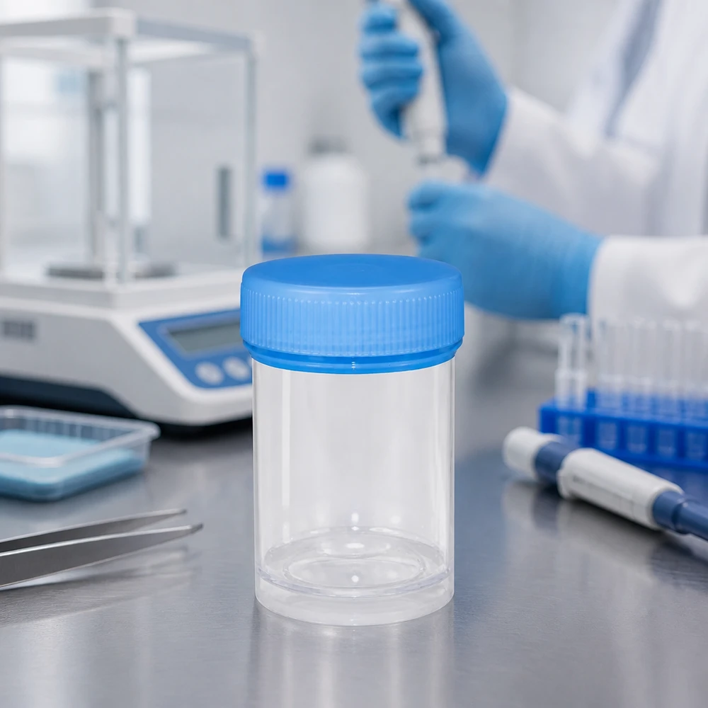 Uniwersalny plastikowy słoik (naczynie) 35 ml Puste plastikowe opakowanie o pojemności 35 ml z niebieską zakrętką na stole laboratoryjnym ze stali nierdzewnej