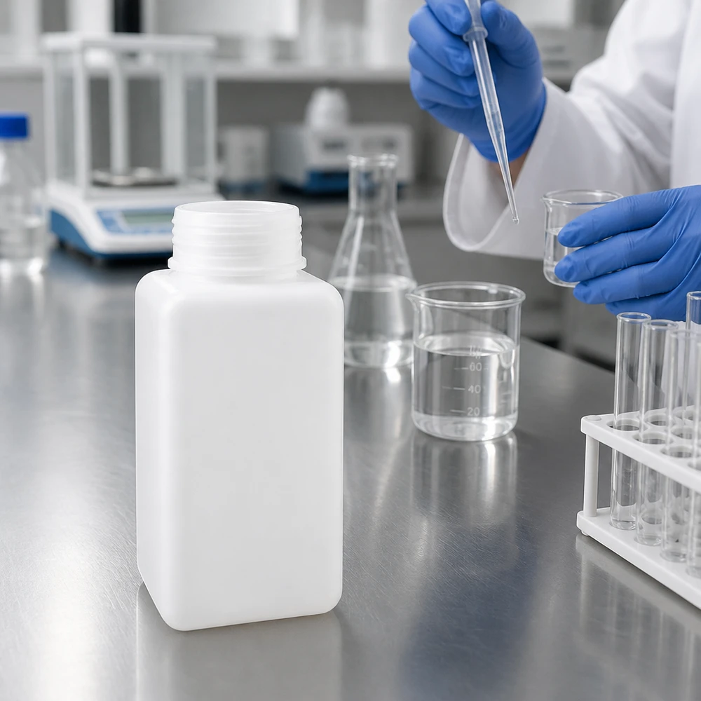 Butelka na chemikalia 1500 ml, szeroka szyjka z PE-HD, kolor naturalny Prostokątna butelka na chemikalia z PE-HD o pojemności 1500 ml z szeroką szyjką obok zlewek i kolb Erlenmeyera w laboratorium